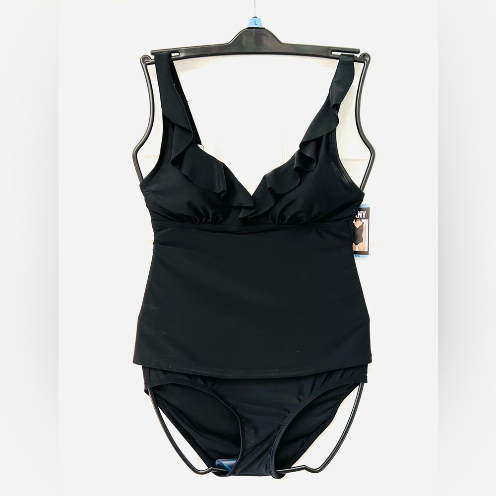 DKNY 2-piece swimsuit, black with ruffle detail. Size large. New w/tags.